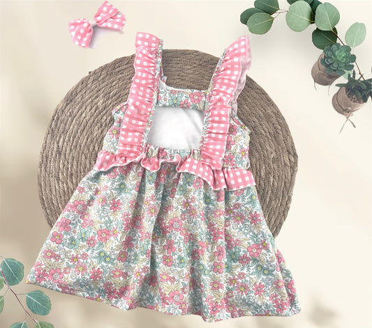 Comprar vestido para niñas con estampado floral. Combinado con vichy rosa. Marca Alma petit. Temporada primavera-verano.