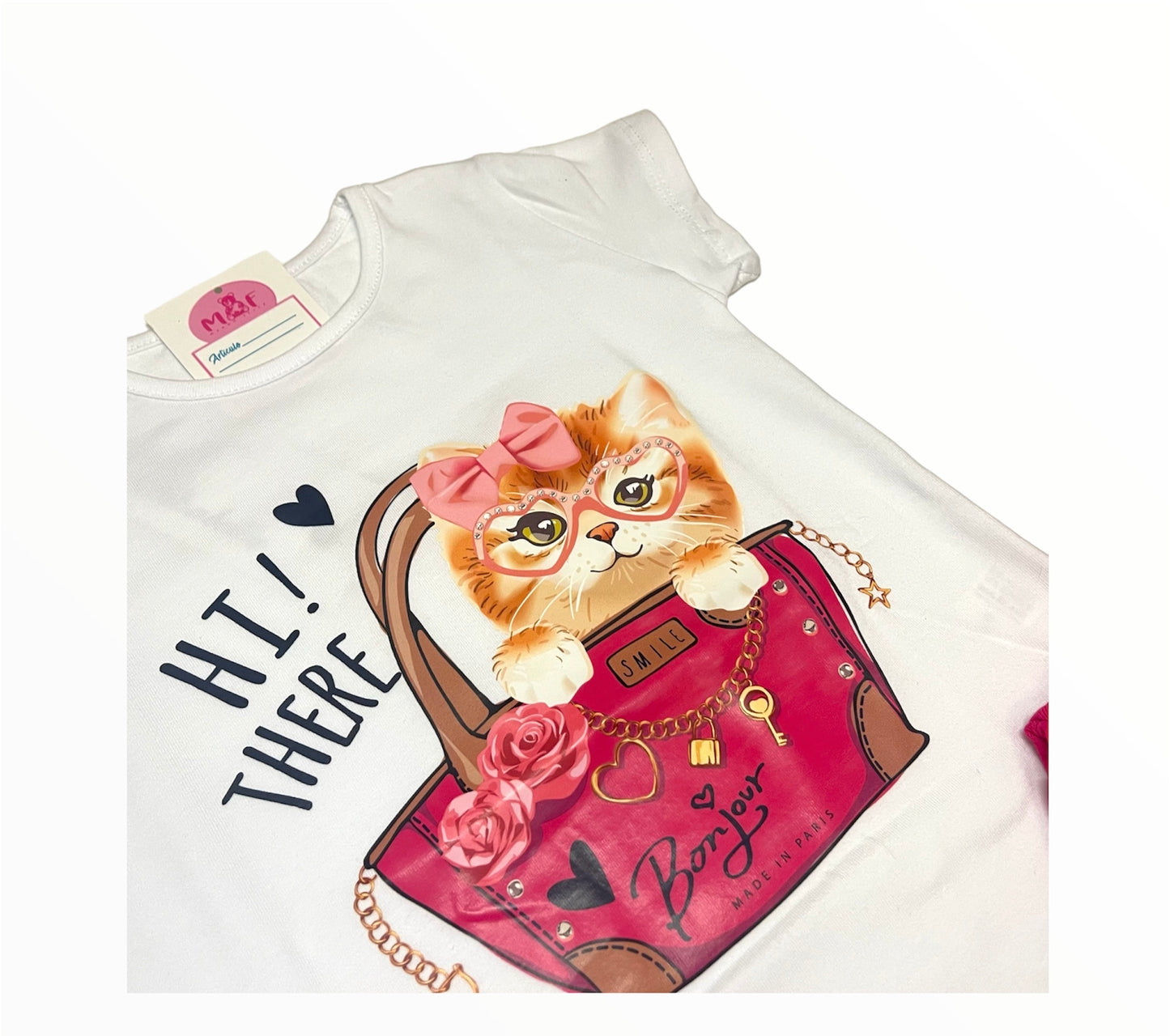 Comprar conjunto de leggins y camiseta para niñas. Color rosa. Detalle de gato en la camiseta. Marca Isabela. Temporada primavera-verano.