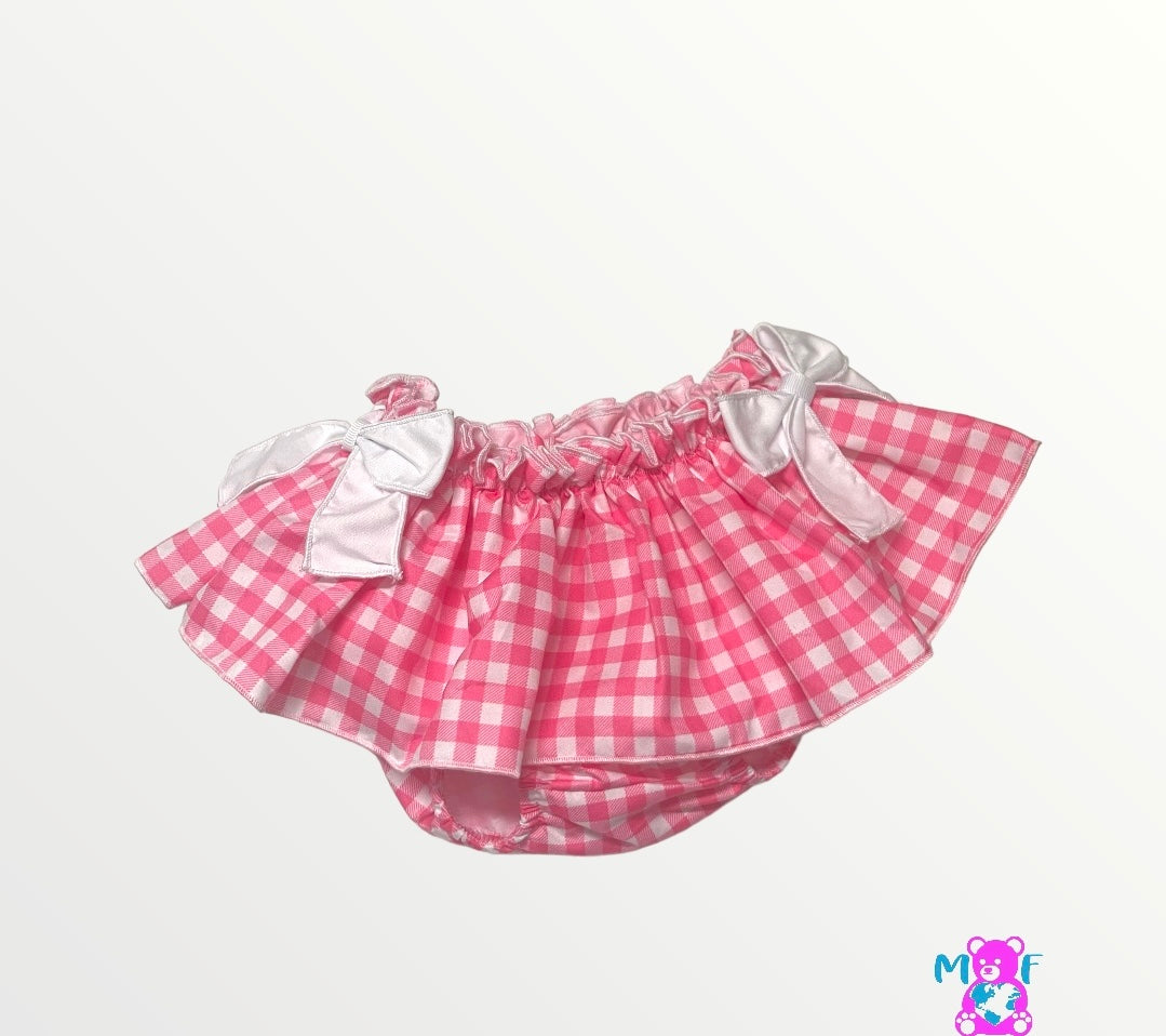 Comprar conjunto con falda cubrepañal para niñas. Estampado vichy. Color rosa fucsia. Temporada primavera-verano.
