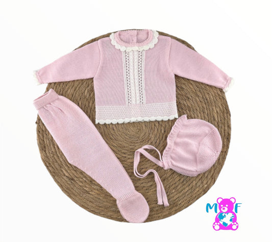 Comprar conjunto para recién nacida de hilo. Color rosa. Marca Diverchic.