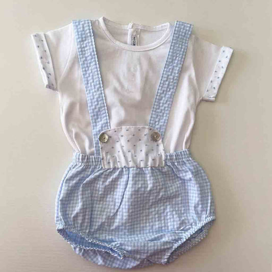 Comprar conjunto para bebé niño. Primavera-Verano. Dos piezas, camiseta y pololo. Marca Calamaro Baby. Color blanco y azul celeste.