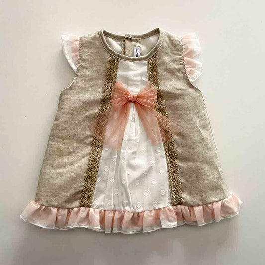 Comprar vestido para bebé niña. Primavera-Verano. Marca Calamaro Excellent. Color lino y blanco.
