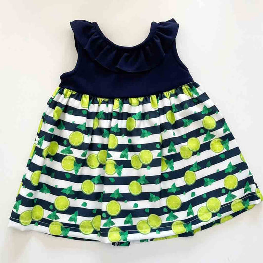 Comprar vestido para bebé niña. Primavera-Verano. Marca Confecciones Alber.  Azul marino con estampado de rayas blancas y limones.