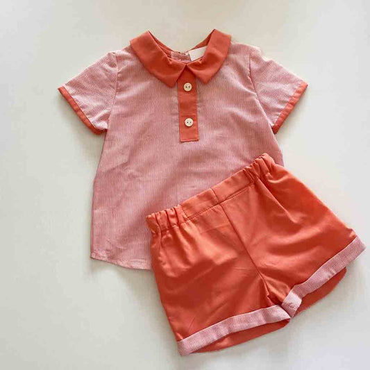 Comprar conjunto casual para bebé niño. Primavera-Verano. Dos piezas. Marca Confecciones Alber. Color naranja con rajas blancas.