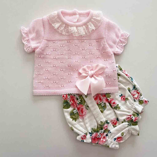 Comprar conjunto de hilo con ranita y camiseta para recién nacidas niñas. Primavera-Verano. Color rosa.