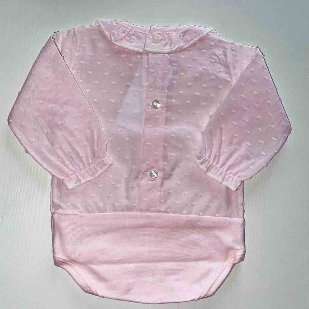 Detalle parte trasera abotonada de body para recién nacido niño y niña. Primavera Verano. Material algodón. Marca Calamaro Baby. Color rosa.