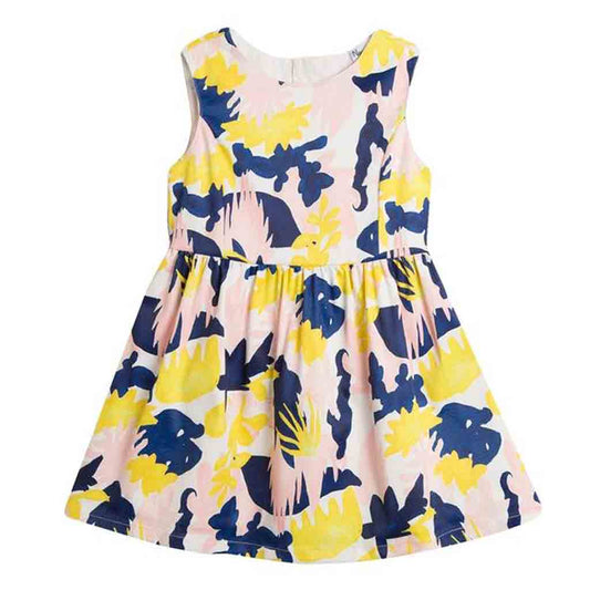 Comprar vestido para bebé niña e infantil. Primavera-Verano. Marca Newness. Color estampado con mezcla de amarillo, rosa, azul marino y blanco.