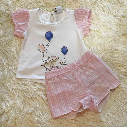 Comprar conjunto para bebé niña de dos piezas. Primavera-Verano. Marca Newness. Color blanco y rosa con estampado divertido.