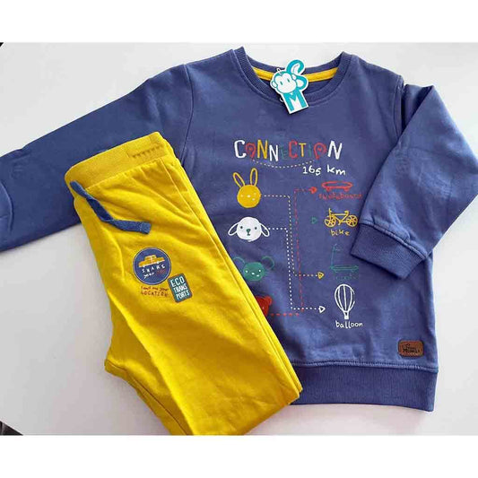 Comprar chándal infantil para niño de dos piezas. Sudadera azul y pantalón amarillo.  Marca Street Monkey.