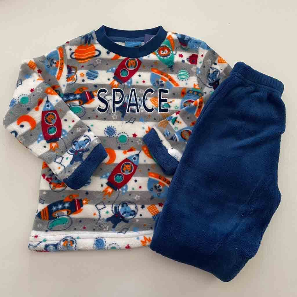 Comprar pijama divertido para bebé niño e infantil. Motivos del espacio. Color azul. marino y gris