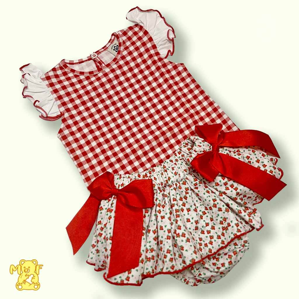 Comprar conjunto de algodón de falda cubrepañal para bebé niña. Color rojo. Marca Petit cie. Temporada Primavera-verano.