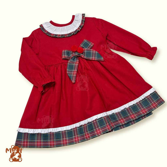 Comprar vestido de navidad para niña. Detalle de cuadros escocés. Color rojo. Marca Baby Ferr. Temporada ototño/invierno.
