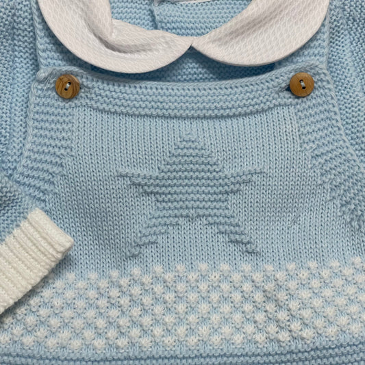 Comprar conjunto de lana para bebés recién nacidos. Detalle cuello bebé. Color celeste. Temporada otoño/invierno.