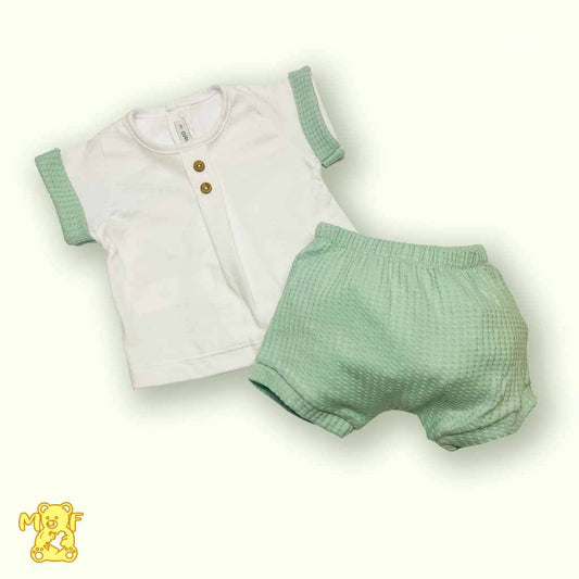 Comprar conjunto de camiseta y pololo para bebé niño. Color verde mint. Marca Calamaro. Temporada Primavera-Verano. 