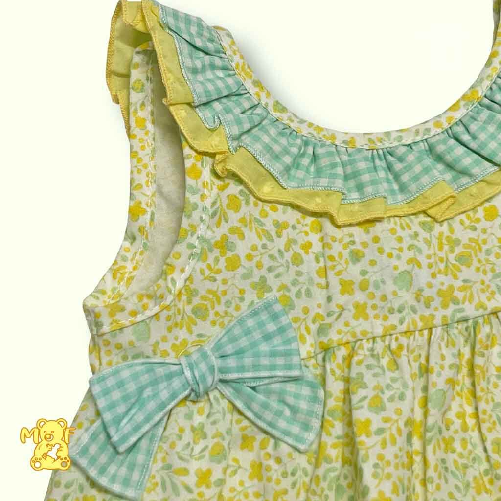 Comprar vestido Mesina de la colección de Calamaro. Color amarillo. Detalle lazos vichy. Temporada primavera verano. 